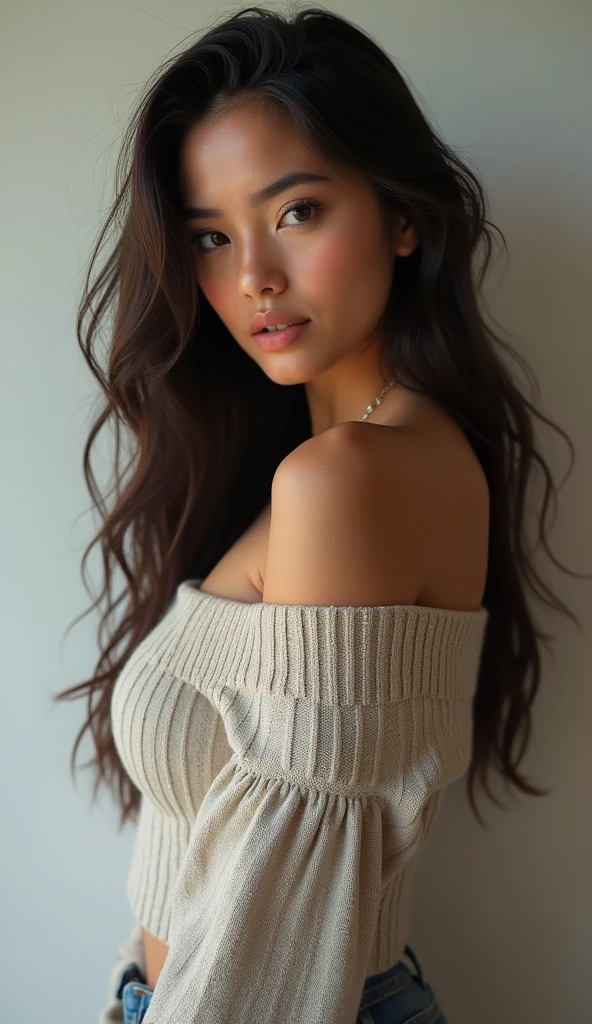 best quality, detailed, beautiful Thailand mature woman with natural long dark blonde messy hair, fresh 21 yo, selfie photo, full-body front view, solo, wearing cozy super sexy Minimalist off shoulder knitwear, cleavage , shoulder, damp, indoors, (evening), skin texture with perky 30G and perfect medium bubblebutt visible under clothing, film grain, close up, ultra high res, best shadow, RAW, instagram LUT, satisfied sensual look, facing frontal , various shot angle , 1 hands try to loose the top outfit