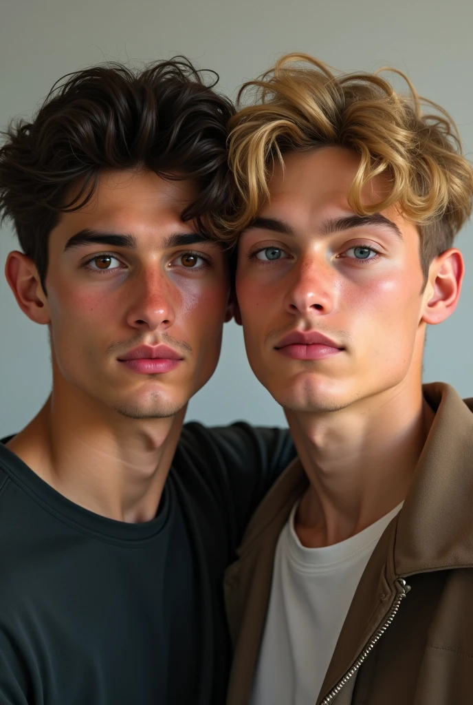 A young dark-haired man with brown eyes and dark wavy hair next to a more realistic blond man with blue eyes