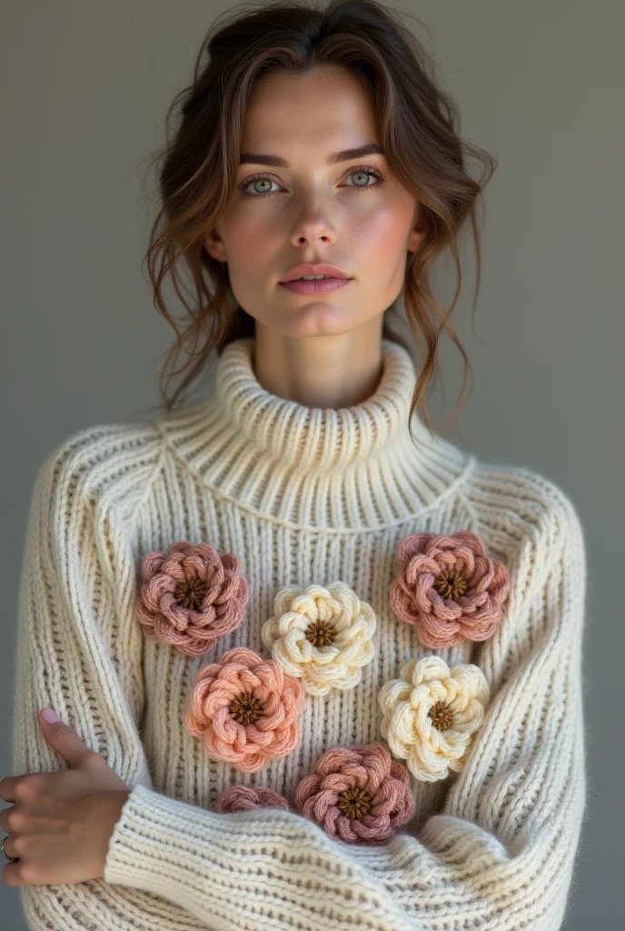 European woman model wearing knitted winter blouse with several delicate crochet flowers grouped together