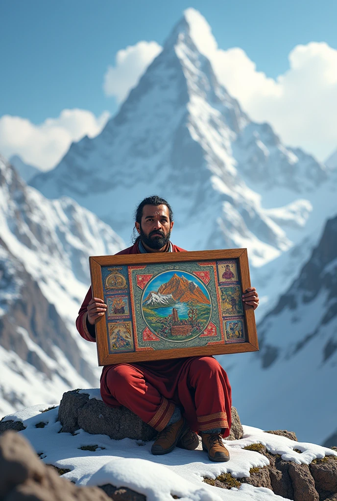 A man sitting in Himalayan showing a board
Of Random content and having something Nepal related background