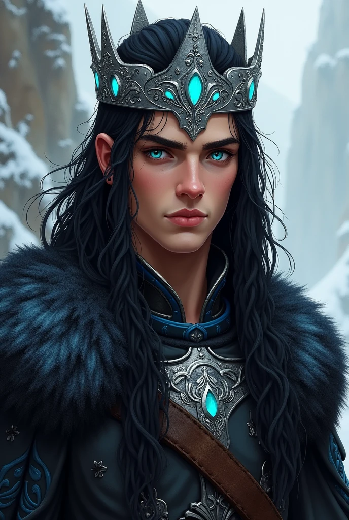 viking warrior, Youngh, no facial hair, velvety skin, strong jaw, blue colored eyes, long black hair, Scrawny, with black clothes with blue details, wearing a silver crown with precious stones.