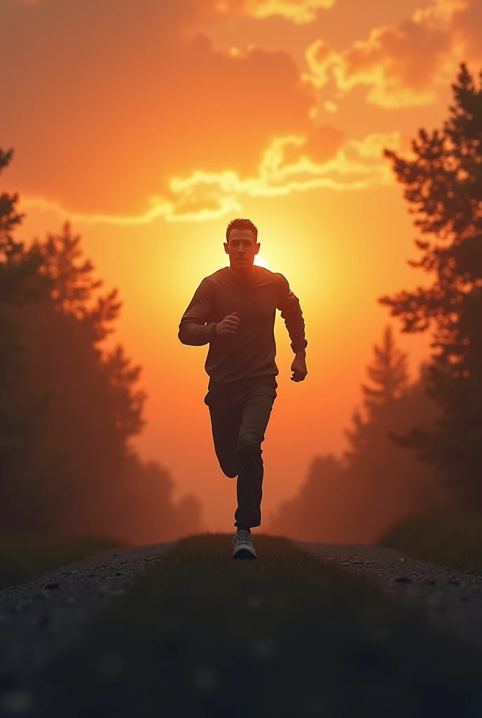 An alone and crying man is running on light sunset  silhoutte