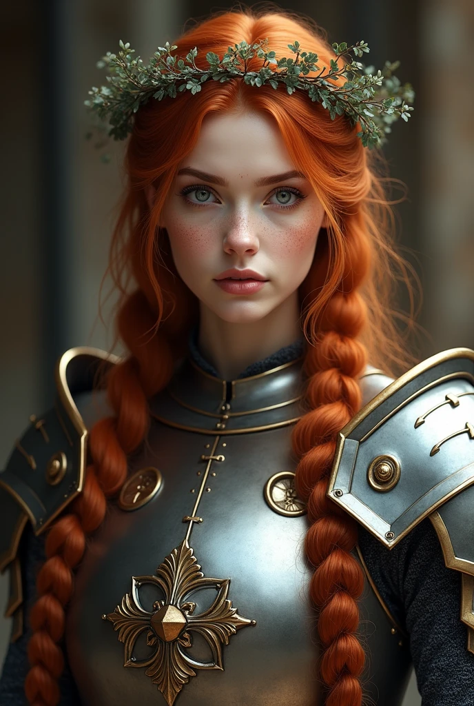 Lady in crusader armor, plate and cloth, red hair, gorgeous face, braided hair, wearing a laurel wreath crown, lokkint into the camera, best quality, ultra realistic, pretty face, freckles