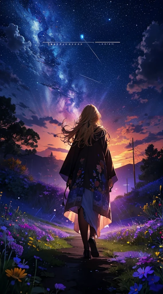 1people々々々々々々々々々々,Blonde long-haired woman,Long coat, Dress Silhouette, Rear View,Space Sky, Flower Field,Colorful flowers