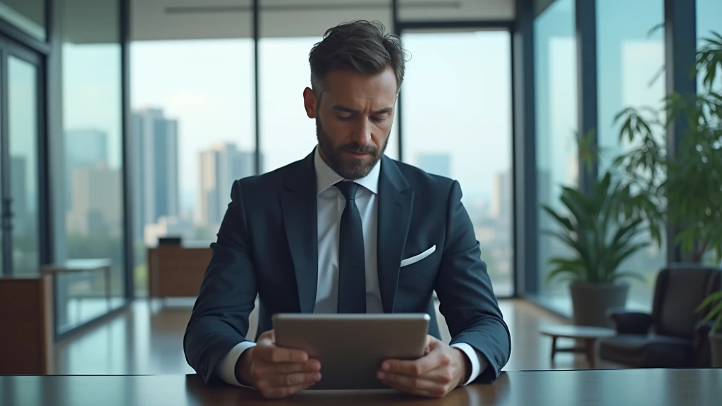 : A business executive holding a tablet, discussing strategy in a modern office with glass walls and sleek furniture. 8k