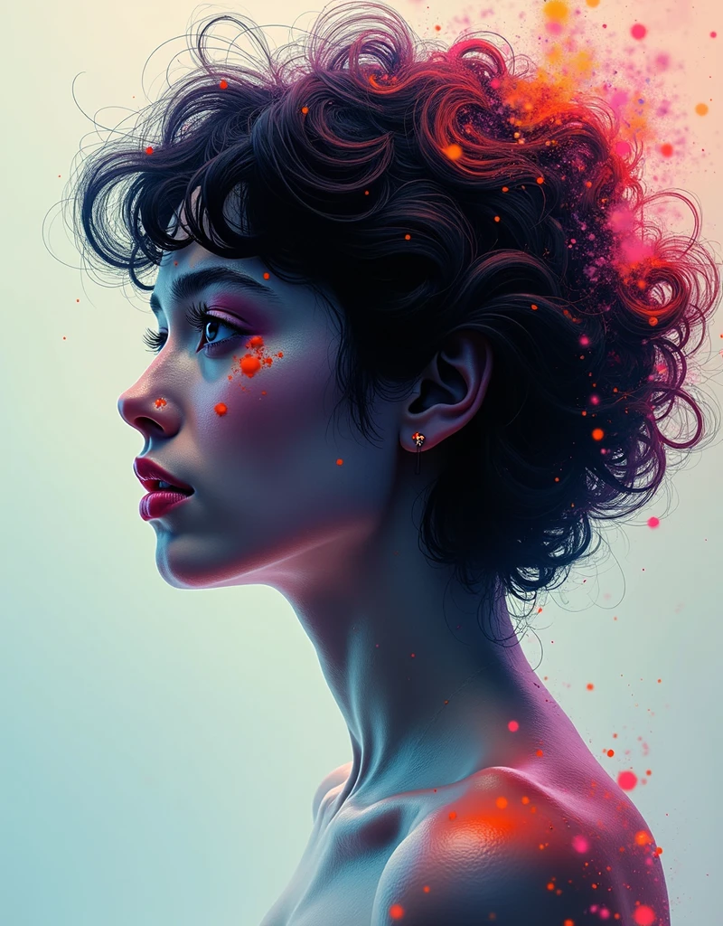 generative art, ((Distorted strokes, Deformation Profile, color)), Beautiful girl with short curly hair, Half-length photo, artistic, The award-winning, masterpiece