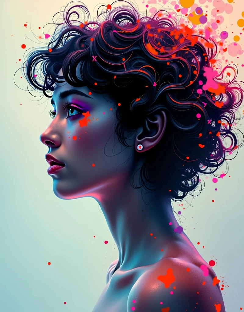 generative art, ((Distorted strokes, Deformation Profile, color)), Beautiful girl with short curly hair, Half-length photo, artistic, The award-winning, masterpiece
