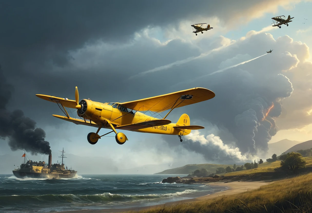 Conceptual artwork for the chase of "Armageddon" depicting Armageddon "chasing" a "YELLOW BIPLANE". The scene should unfold with dramatic tension, contain intense action and be cinematically lit with vibrant shadows. Mix raw, unmapped textures with detailed and intricate elements. The artwork should have a sense of EXTREME PARALLAX MOTION BLUR and evoke a sense of fast movement; in the spirit of Artgerm legends Greg Rutkowski and Simon Stalenhag, with the eerie and mystical touch of Wayne Barlow and Igor Kirilluk to stylize the artwork. Combine these influences to create a work that embodies the essence of immersive, high concept illustration."