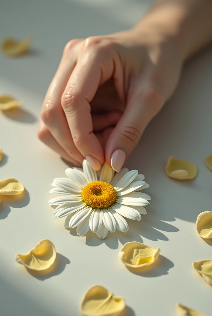 An image of a female hand plucking another petal from a daisy, playing "love me" with the petals already torn off on the ground showing only the flower and the hand, The flower already has some petals missing as if it were playing plucking 