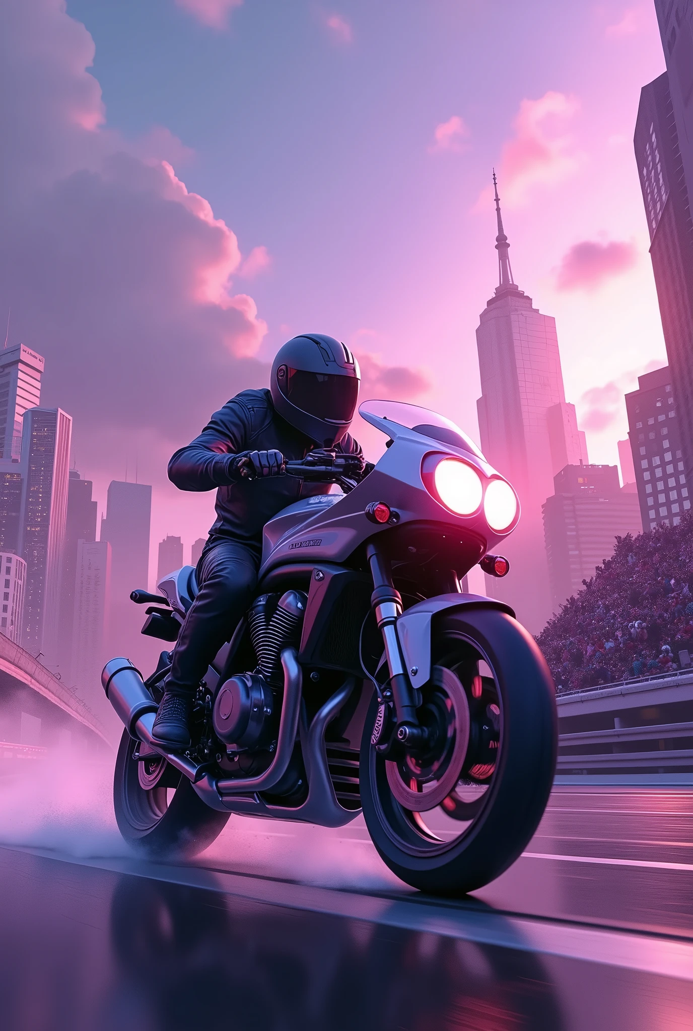 Futuristic motorbike racing with machine guns, in a city with purple skies on a track in the sky with stands full of people