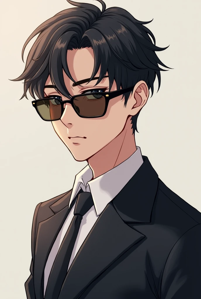 Create a profile pic cute anime mafia boy with sunglasses on. Both shoulders must be seen. Sunglasses should be tinted. Don't make him too feminine or overly masculine.