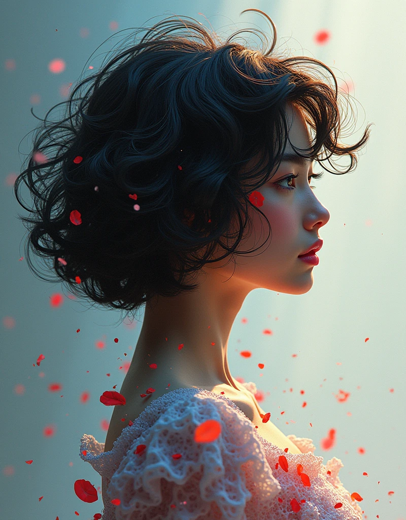 generative art, ((Distorted strokes, Deformation Profile, color)), Beautiful girl with short curly hair, Half-length photo, artistic, The award-winning, masterpiece