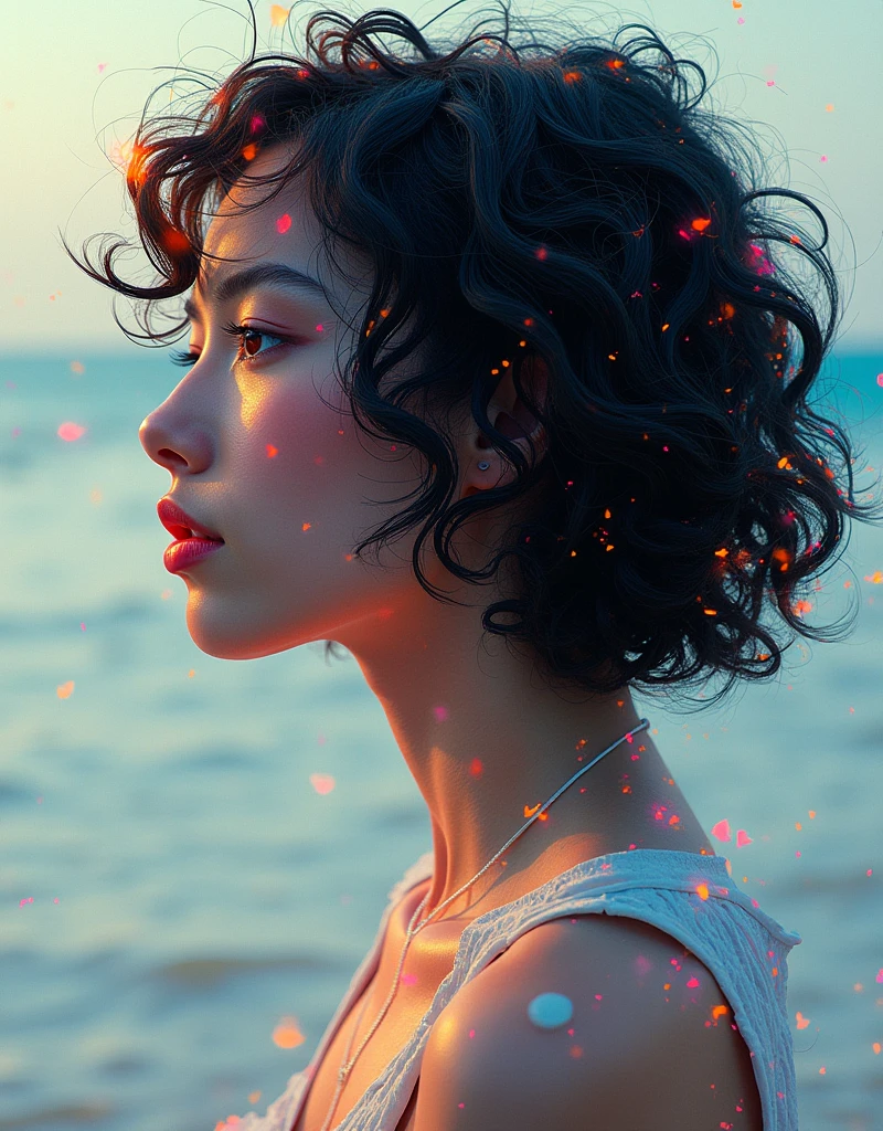 generative art, ((Distorted strokes, Deformation Profile, color)), Beautiful girl with short curly hair, Half-length photo, artistic, The award-winning, masterpiece