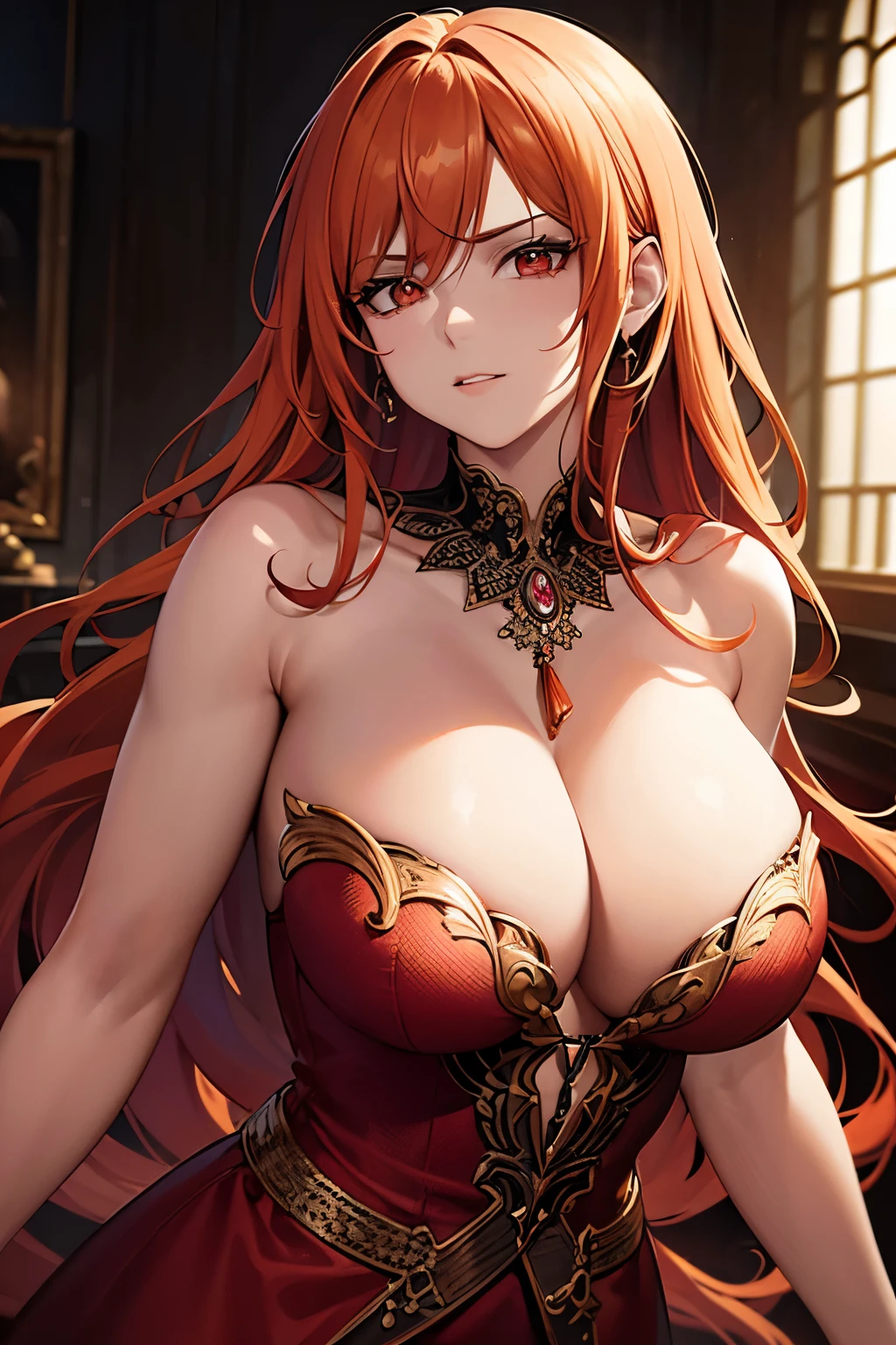 a beautiful angel woman with orange colored hair, in a heaven ,very large breasts, detailed red dress, intricately detailed portrait, striking facial features, piercing eyes, long flowing hair, elegant pose, luxurious gown, dramatic lighting, photorealistic, vibrant colors, cinematic composition, incredibly detailed, award winning digital art ,cinematic lighting ,dramatic composition ,muted colors ,chiaroscuro lighting, moody atmosphere, fine art painting ,detailed face ,highly detailed, masterpiece:2, best quality:1.5, 8k:2 ,4k ,2k