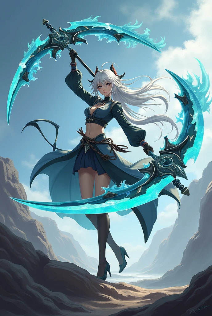 Dual handheld chain scythes made out of wind and a broken bow for a genshin impact character