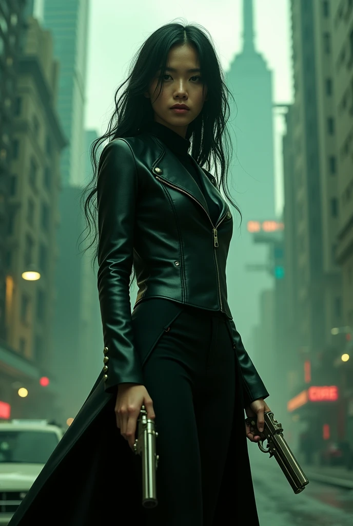 asian woman holding a gun in a city with a skyscraper in the background, trinity from the matrix, trinity the matrix, in the new matrix movie, dramatic wielding gun pose, neo from the matrix, from matrix(1999), from matrix ( 1 9 9 9 ), matrix), matrix ), agents from the matrix movie, matrix movie color grading