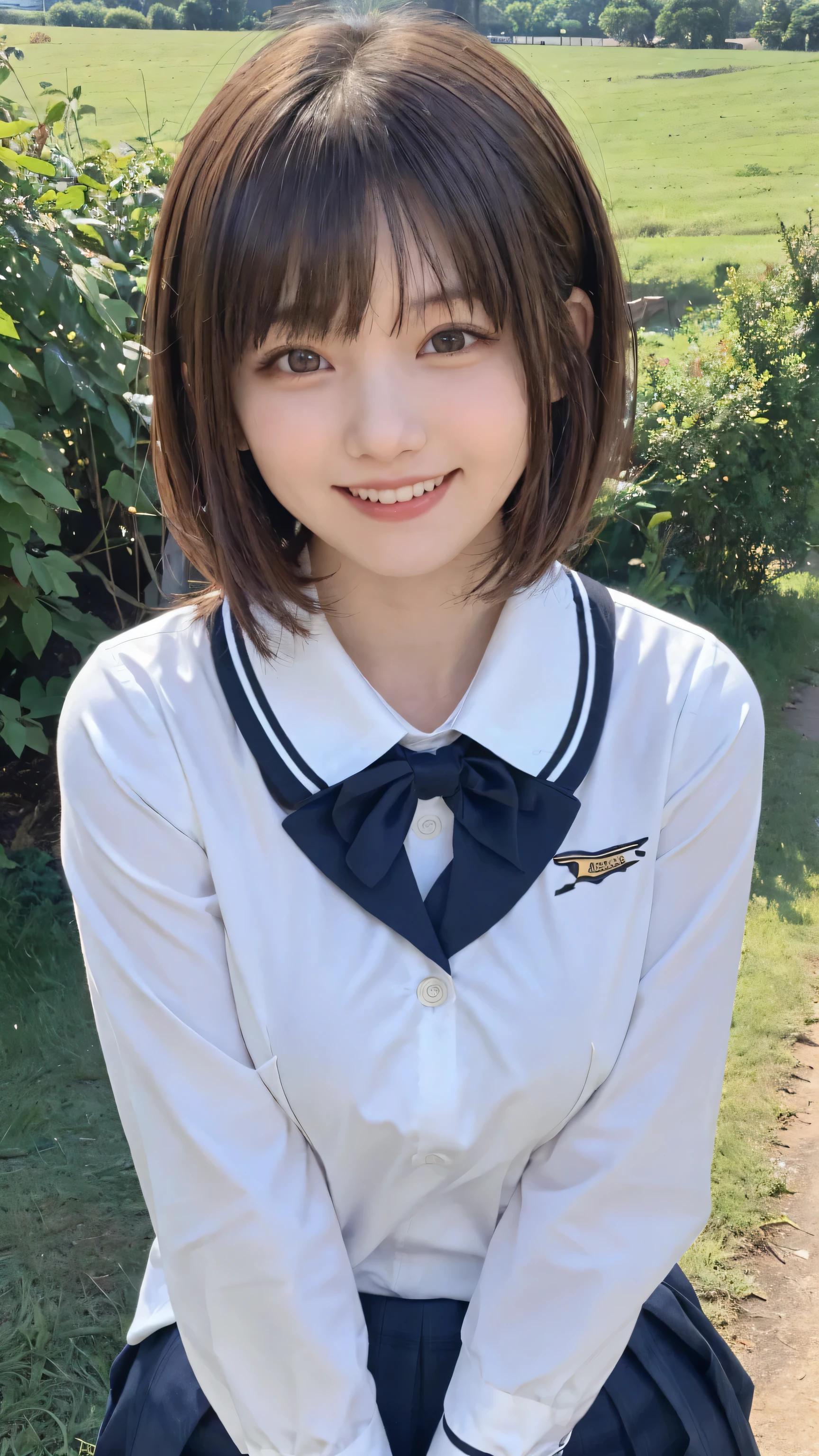 One person&#39;S, (beautiful girl, delicate:1.3), (:1.3),
break, (Lush countryside　background:1.2),
break, Embarrassed Laugh, Very beautiful eyes, (Symmetrical eyes:1.3),
break, (E cup breasts:1.3), School uniforms:1.3, Brown eyes, Parted bangs, Brown bob cut hair, Round face, cute,
break, (Eye and facial details:1.0),
break, (masterpiece, Highest quality, Very detailed, Detailed face, 8k)