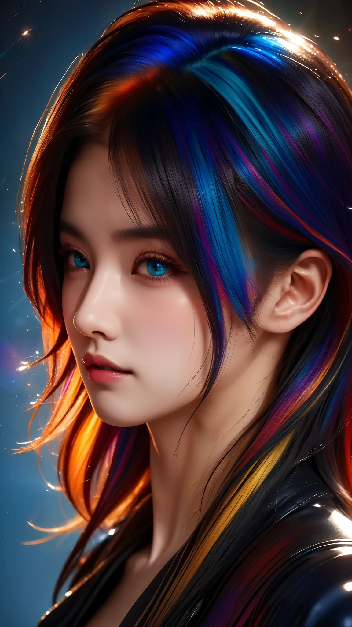 {{masterpiece}}, best quality, Extremely detailed CG unified 8k wallpaper, movie lighting, lens flare, beautiful details eyes, Black, side view, multi color hair, rich and colorful light, particle, heterochromia, (rich and colorful:1.5), (rich and colorful hair:1.5),