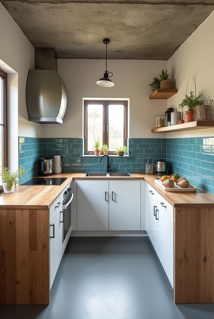 Small kitchen in the shape of a "sup" with burnt cement ceiling, wooden counter, white closet, Satin gray porcelain flooring, a part of the wall with blue tiles the rest in white