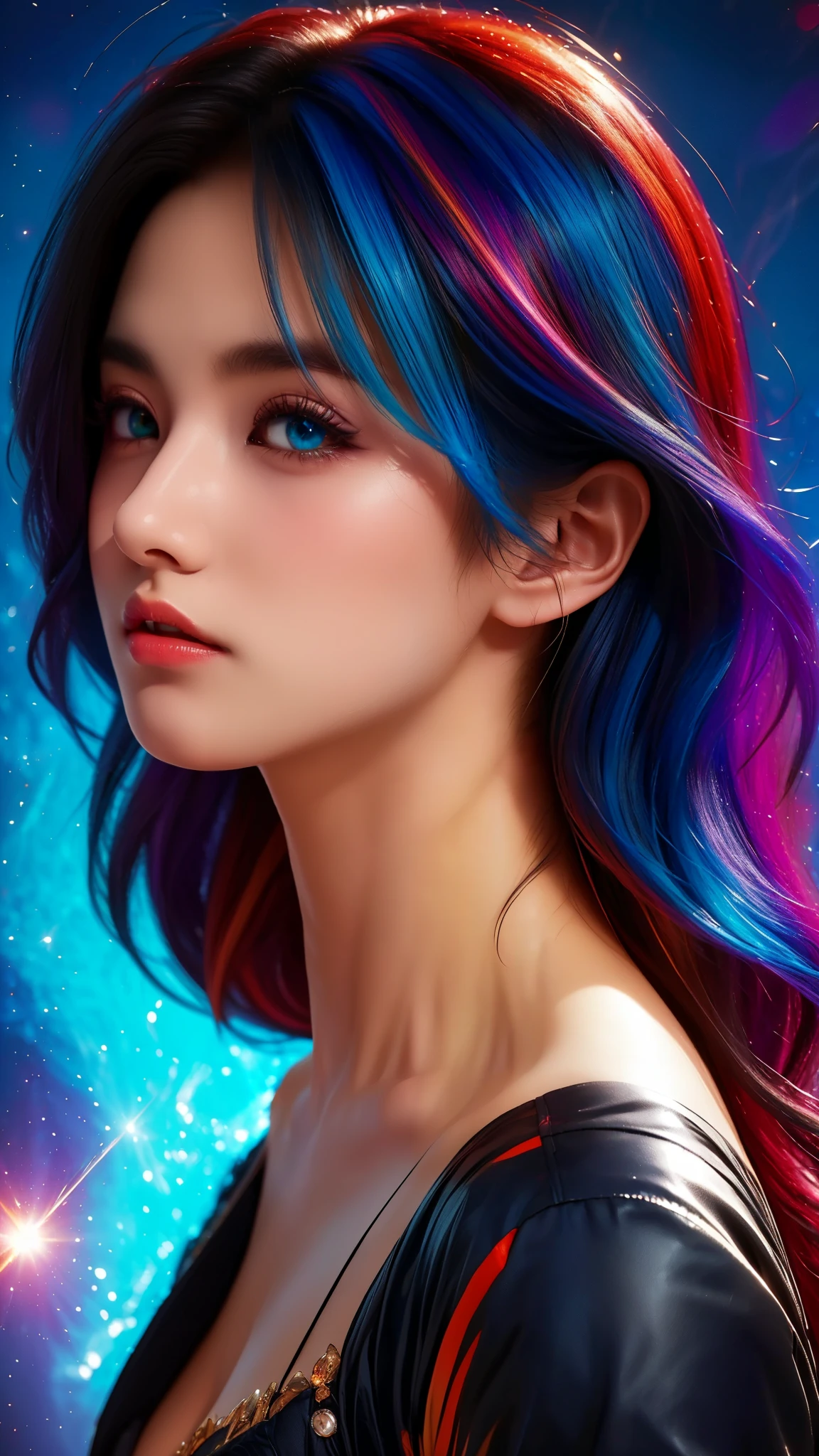 {{masterpiece}}, best quality, Extremely detailed CG unified 8k wallpaper, movie lighting, lens flare, beautiful details eyes, Black, side view, multi color hair, rich and colorful light, particle, heterochromia, (rich and colorful:1.5), (rich and colorful hair:1.5),