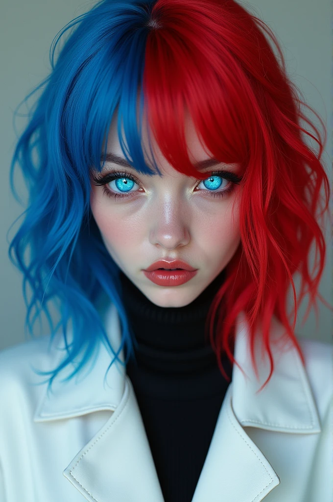Blue and red eyes
Blue and red hair
White jacket 
