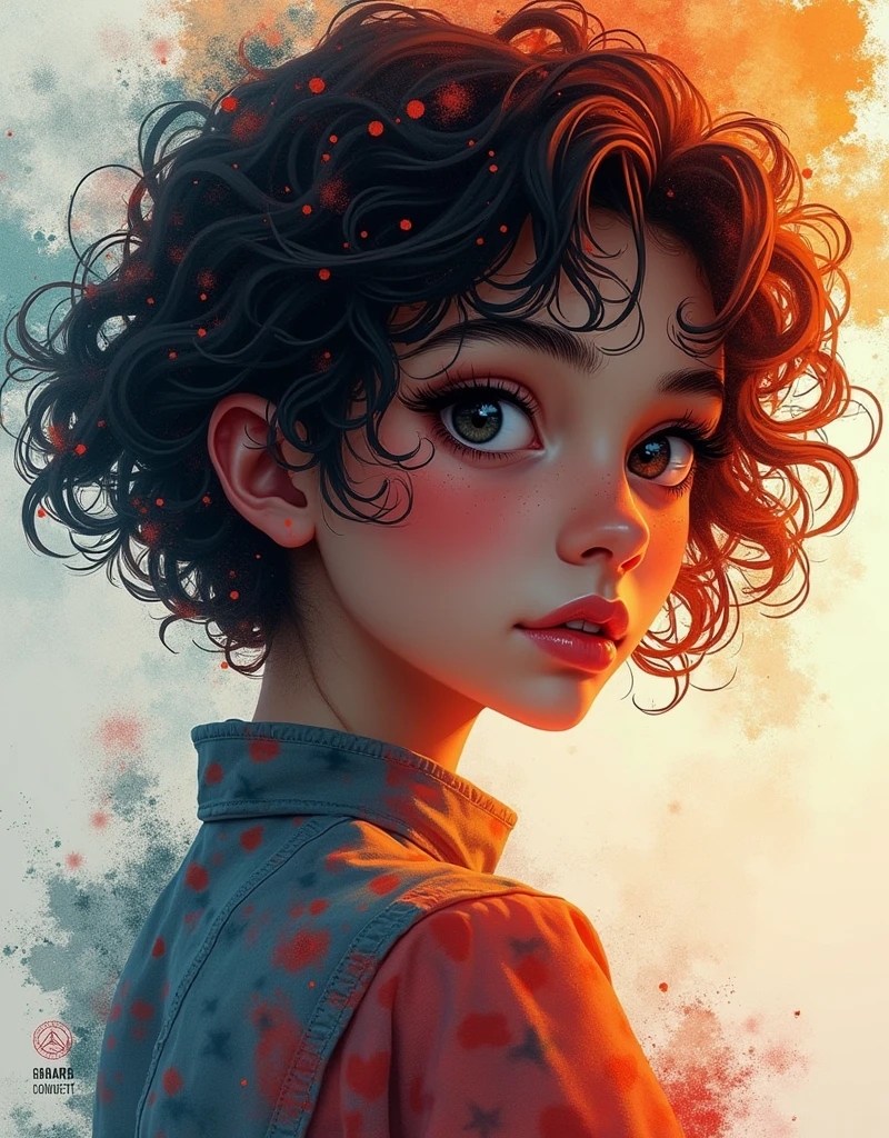 generative art, ((Distorted strokes, Deformation Profile, color)), Beautiful girl with short curly hair, Look at the audience,Half-length photo, artistic, The award-winning, masterpiece