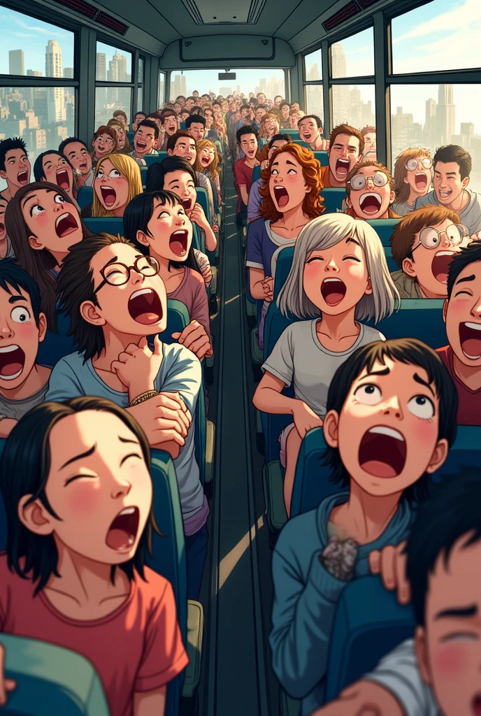 "Une image d'un bus bondé avec 30 personnes en train de rire aux éclats, certaines se tenant les côtes ou se tapant sur les genoux. Les expressions sont pleines de joie et d'amusement, avec des gestes exagérés et des visages rayonnants. L'ambiance ddu rire exagéré
