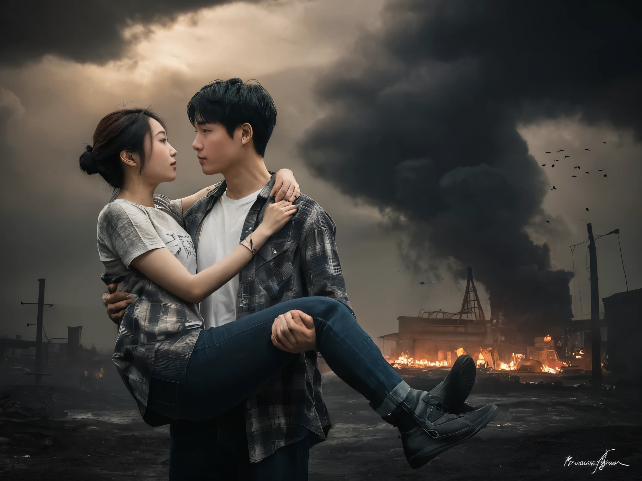 A captivating aerial portrait of a young Korean couple, one man and one woman, in a romantic and dramatic scene. The man confidently wears a flannel shirt and white T-shirt, while the woman gazes into his eyes with a mix of love and desire. They share a tender, romantic lift hug, standing tall against the backdrop of a somber and foreboding scene. Dark clouds loom overhead, and ominous structures cast dramatic shadows. A tragic event unfolds in the distance, with flickering flames of orange and red illuminating the gloomy atmosphere. The composition masterfully captures the intricate details of their attire and the intensity of their connection. The photograph exudes a cinematic quality, immortalizing a poignant and emotional moment in time.