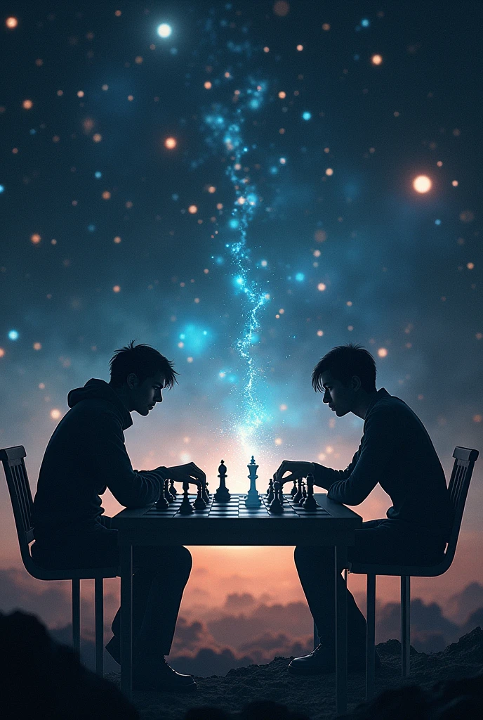 Chess board and two people playing chess in space