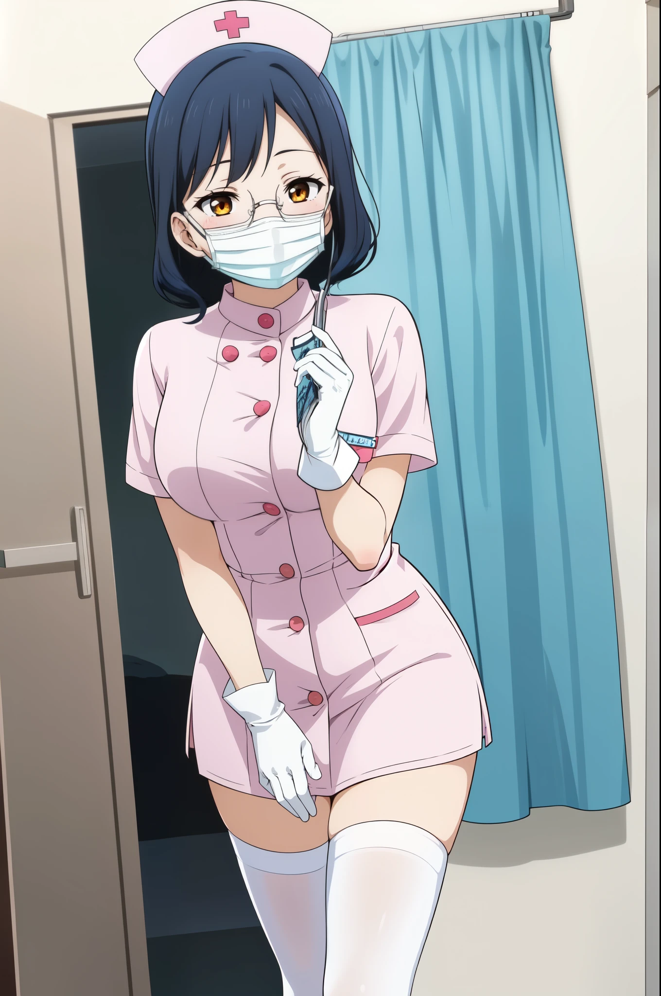 1girl, solo, nurse, nurse cap, white nurse uniform, ((white legwear, zettai ryouiki)), white gloves, glasses, blue hair, orange eyes, ((white surgical mask, covered nose)), standing, ((hospital room)), sharp outline, short sleeves, best quality, masterpiece