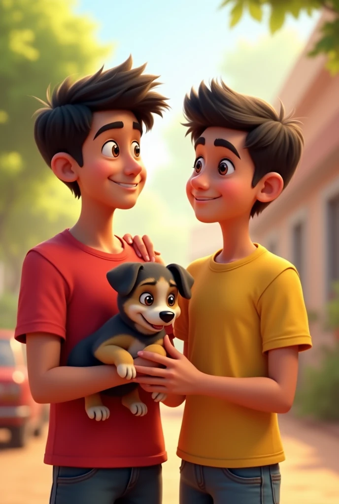 Fukra insaan and his frind are looking in front side fukra is wearing red t shirt with a puppy in his hands and his friend is wearing yellow t shirt and putting his one hand on fukra shoulder