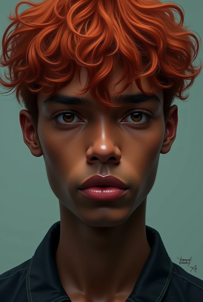 A young dark skinned man with brown eyes and wavy red hair
