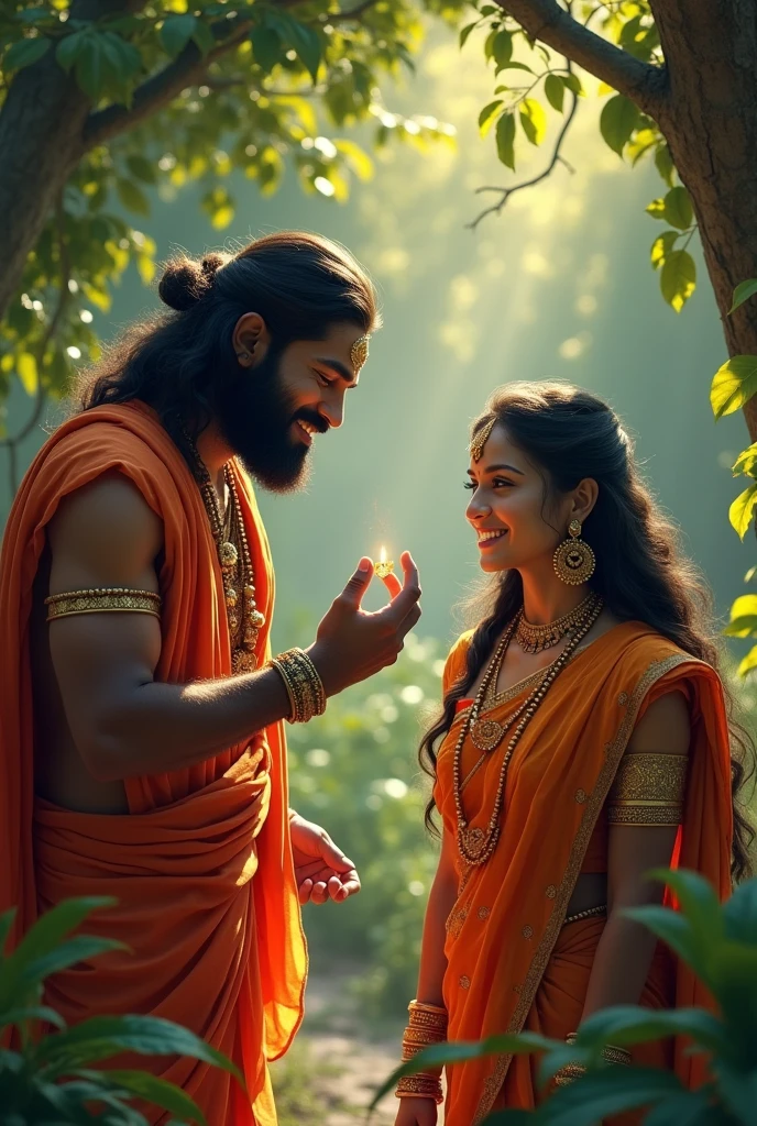 **Hanuman Revealing Rama’s Ring to Sita**: Hanuman, with gentle eyes and a kind smile, presents Rama’s ring to Sita. Her eyes widen in surprise and relief as she recognizes the ring. The scene is filled with emotion, set against the background of the beautiful but sorrowful Ashok Vatika.