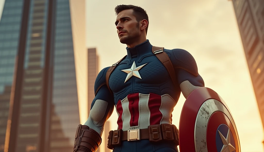 1850's Marvel Avengers character, captain america , vintage captain america, realistic, realistic character, vintage, vintage character, vintage background, male, avengers tower in background, highly detailed, extremely detailed, 8k, masterpiece, ultra-detailed, photorealistic, hdr, studio lighting, physically-based rendering, extreme detail description, vivid colors, dramatic lighting, cinematic, epic, captain america from 90s