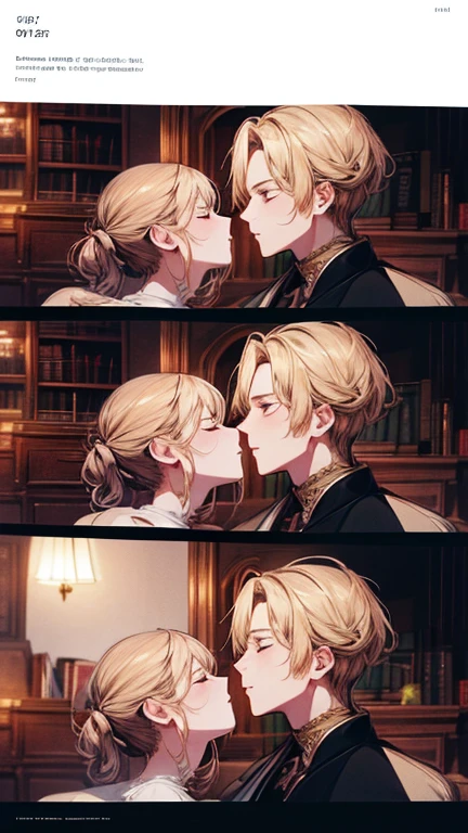 masterpiece, best quality, Practical, In the library of Alcott Manor,Alex and Nicholas share a quiet corner。A tradition of sharing book pages led Alex to《the art of love》Pass to Nicholas。When Nicholas read the verses,their relationship deepens,leading to an intimate kiss,Their emotions echoed in the silent night, (absurd, High resolution, Super detailed), facial details,Delicate and meticulous, 8K, Reality, Dramatic Lighting, high quality, Complex design, enlarged texture, Exquisite details