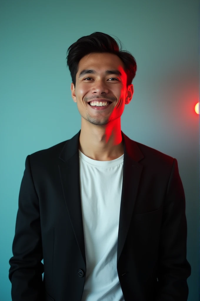 A young man with dark hair and a confident smile. He is dressed in a black blazer over a white shirt.The man is positioned Against Aqua colour backdrop with a subtle red lighting on the left side. And he posting for LinkedIn profile