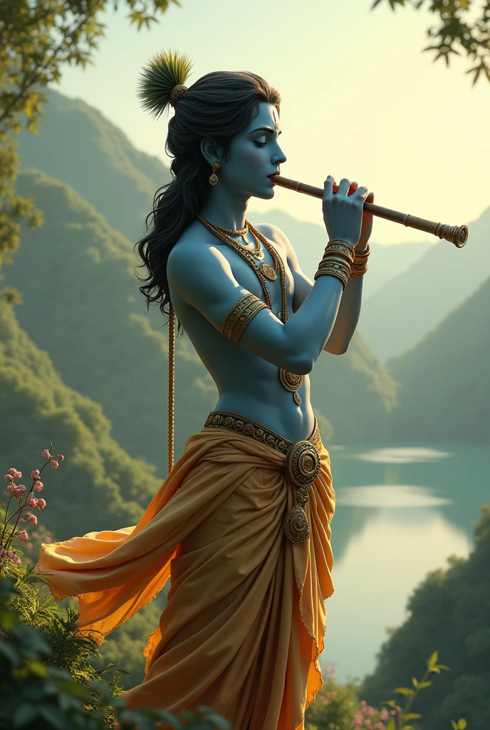End with a visual of Krishna in a serene pose, playing his flute.