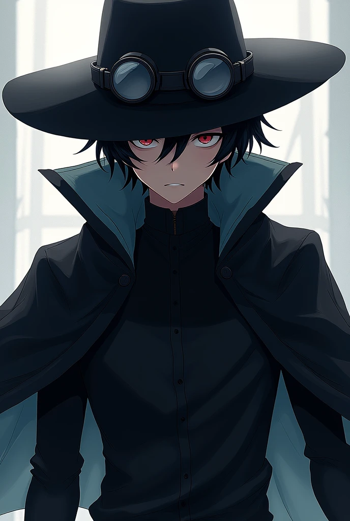 Guy with black hair covered his eyes with black hat wearing goggles and black shirt with cape behind, anime style