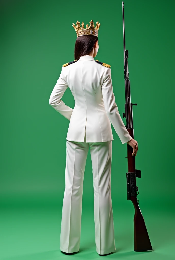 Full rear view, Military general standing with handed long shot gun, Female, King's crown on head , white uniform, plain green screen background