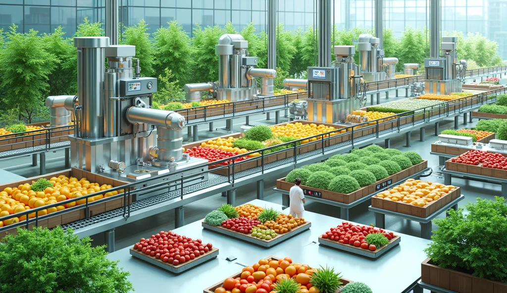 a highly detailed photograph of a modern high-tech fruit and vegetable processing factory, advanced robotic systems, conveyor belts, sorting machines, LED lighting, digital displays, clean environment, environmentally friendly technology, sustainable agriculture, organic produce, vibrant colors, 8k resolution, photorealistic, cinematic lighting, depth of field, industrial design