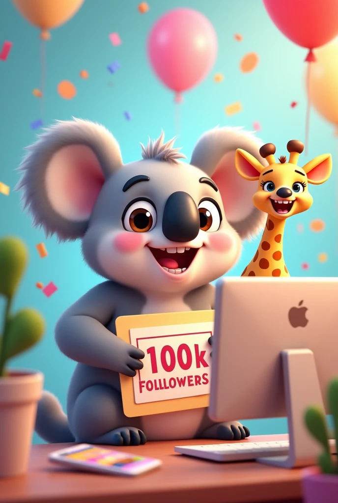 Image of an animated koala with a 100k followers sign with a small giraffe on his shoulder sitting in front of a computer editing videos. With confetti and balloons in celebration mode. Super cute