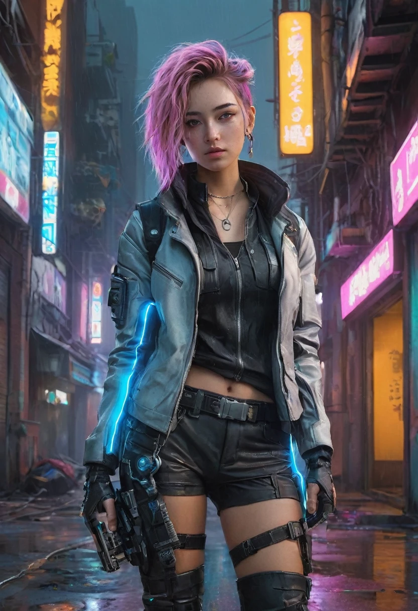 Here’s a detailed prompt for generating the image:

```json
{
  "prompt": "A full-body, high-resolution, highly detailed, and realistic image of a young woman dressed in a cyberpunk style. She stands confidently, her attire a blend of futuristic and edgy elements: a sleek, form-fitting jacket with neon accents, metallic pants, and combat boots. Her hair is styled in a bold, asymmetrical cut, possibly with streaks of vibrant colors like electric blue or neon pink. She wears a variety of tech-inspired accessories, including a visor with a digital interface, fingerless gloves, and a utility belt filled with gadgets. The background is a gritty urban environment, with neon signs, rain-soaked streets, and towering buildings, enhancing the cyberpunk aesthetic. The lighting highlights the reflective surfaces of her outfit and the glow of the neon around her, creating a visually stunning and immersive scene.",
  "size": "1024x1792"
}
```