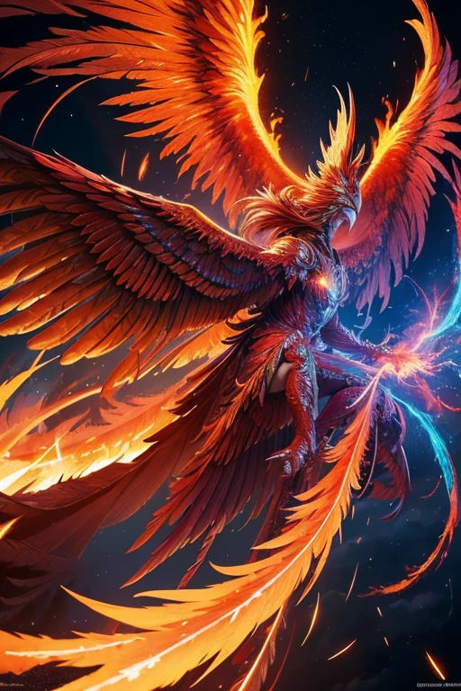 
                      ( perfect anatomy ) a mythical phoenix bird, feathers of fire, spreading sparks, wings ablaze, flying through chaos, ethereal and divine, photorealistic, 8k, hyper detailed, dramatic lighting, vibrant colors, surreal and abstract, fiery holographic effects, dynamic movement(Open your big glowing wings)

                 Phoenix knight, Phoenix knight armor