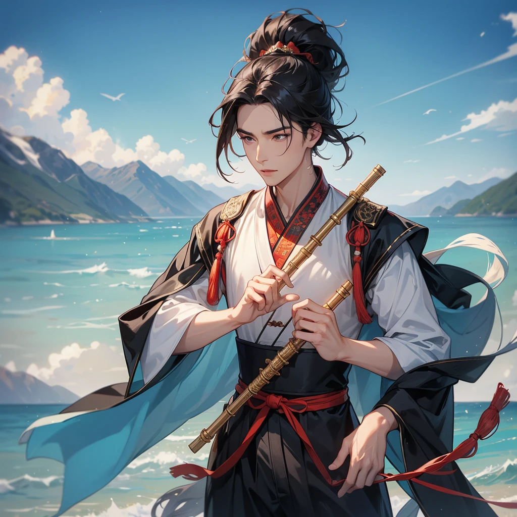 Handsome black-haired male in  ancient Chinese costume, close up. Playing a flute. background is the mountains and the sea. low cloud.