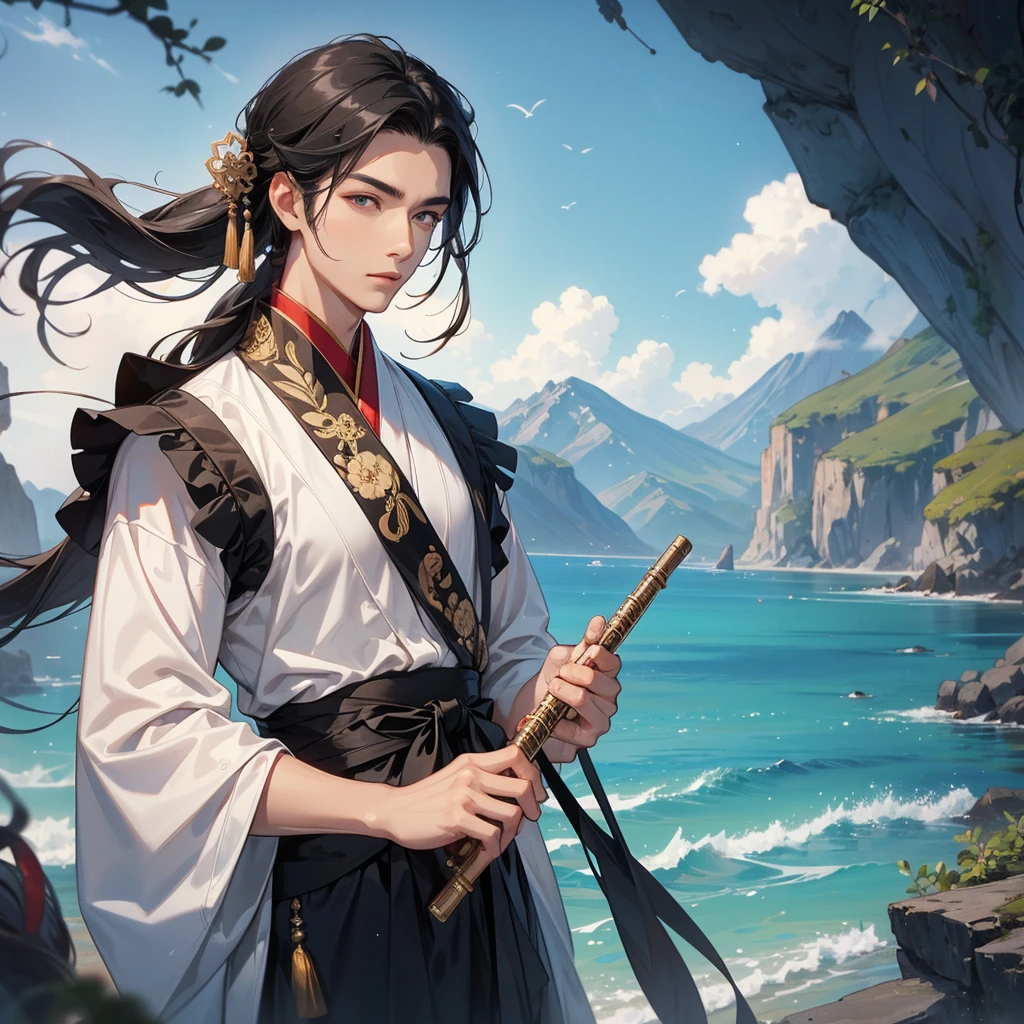 Handsome black-haired male in ancient Chinese costume, close up. Playing a flute. background is the mountains and the sea. low cloud.