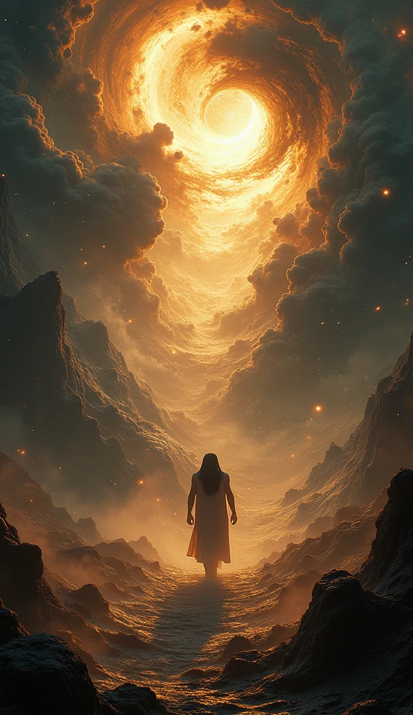 Design an image capturing the primordial chaos with a dynamic and swirling background of dark, chaotic elements. Integrate subtle Egyptian symbols and cosmic textures. Include blurred silhouettes of Atum in the distance to emphasize his solitary emergence from the chaos. Use masterpiece, best quality, CG, wallpaper, HDR, high quality, ultra detailed, cinematic, high detail, 8k, raw, high, artstation HQ, unreal engine, octane renderer, 4k resolution, hyperrealistic, highly detailed