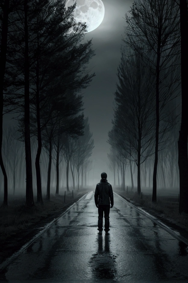 Create a haunting drone-view scene inspired by the eerie atmosphere of Alan Wake. The image should depict a young boy standing alone on a deserted, wet road at night. The road glistens under the reflection of a full moon, casting a cold, silvery light across the scene. A thin layer of mist clings to the ground, adding to the sense of unease. The surroundings should be dark and foreboding, with shadowy, indistinct forms in the distance. The scene should evoke a chilling, suspenseful feeling, capturing the essence of psychological horror and isolation. Ensure that the moonlight creates stark contrasts and deep shadows, enhancing the overall atmosphere of dread and mystery.