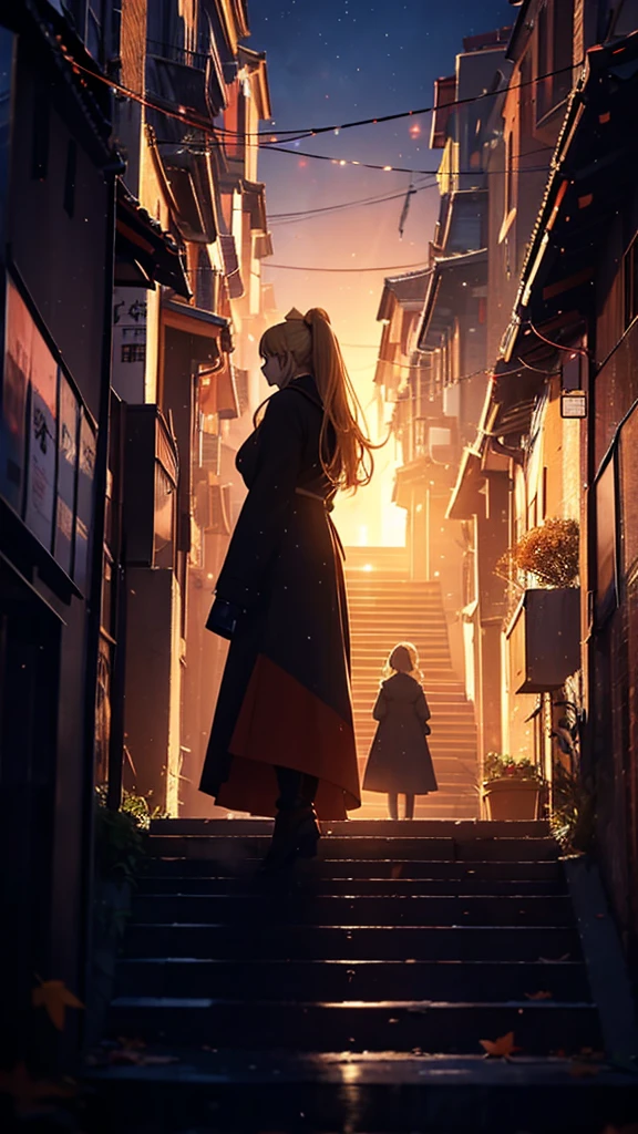 1people々々々々々々々々々々々々々々々,Blonde long-haired woman,Long coat, Dress Silhouette, Rear View, Anime Style,evening, Autumn Festival Street,night,Cityscape from the top of the stairs,