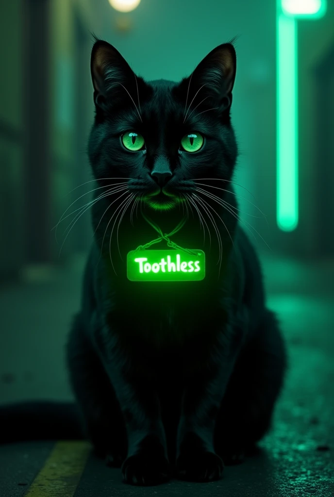 black cat, with a neon green plate that says toothless