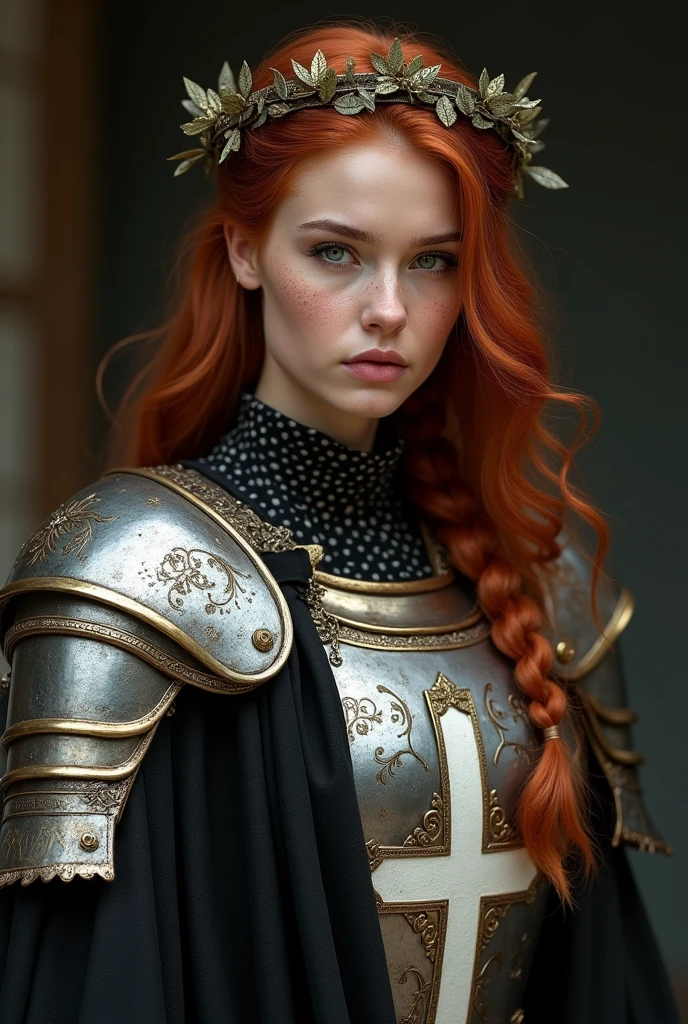 Lady in crusader armor, plate and cloth, red hair, gorgeous face, braided hair, wearing a laurel wreath crown, lokkint into the camera, best quality, ultra realistic, pretty face, freckles, waring a black tabard on top of her armour with the white hospitaller cross